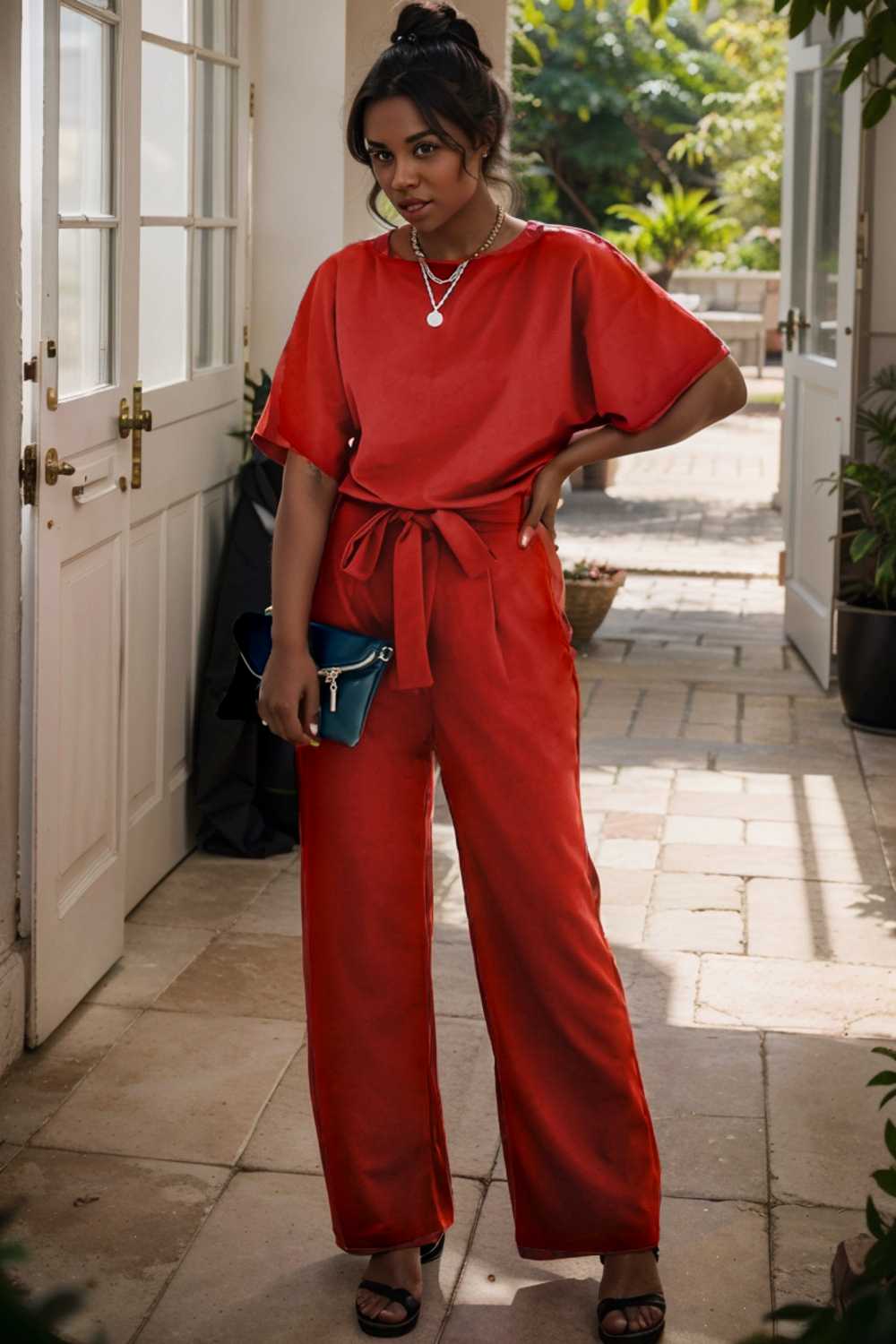 solid five point sleeve belted wide leg jumpsuit 105669