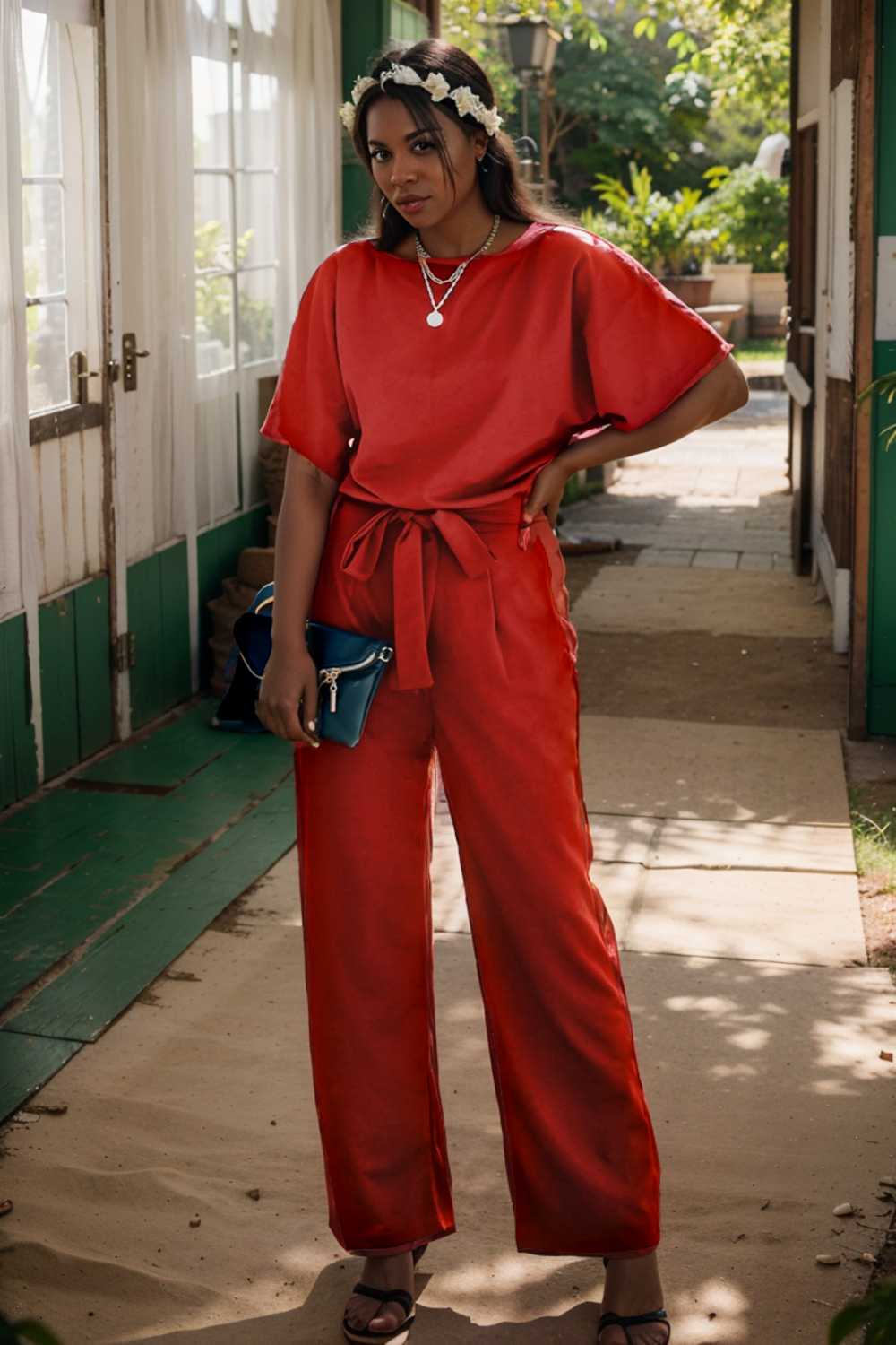 solid five point sleeve belted wide leg jumpsuit 105668