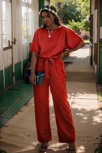 solid five point sleeve belted wide leg jumpsuit 105668
