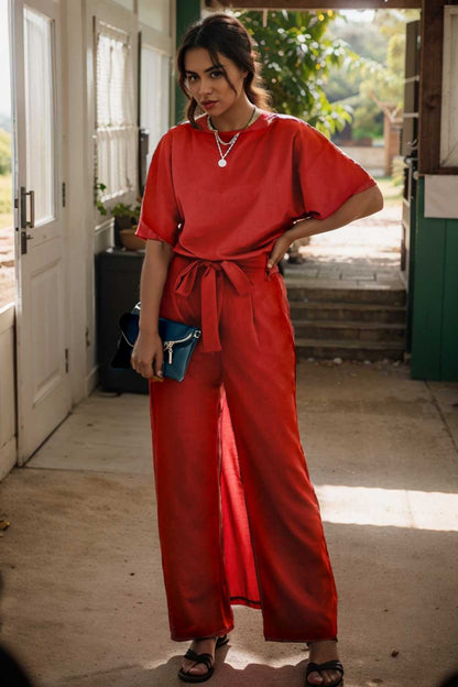 solid five point sleeve belted wide leg jumpsuit 105667