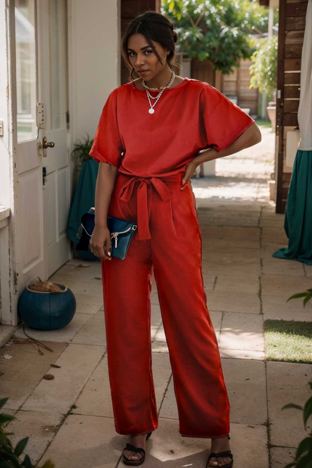 solid five point sleeve belted wide leg jumpsuit 105666