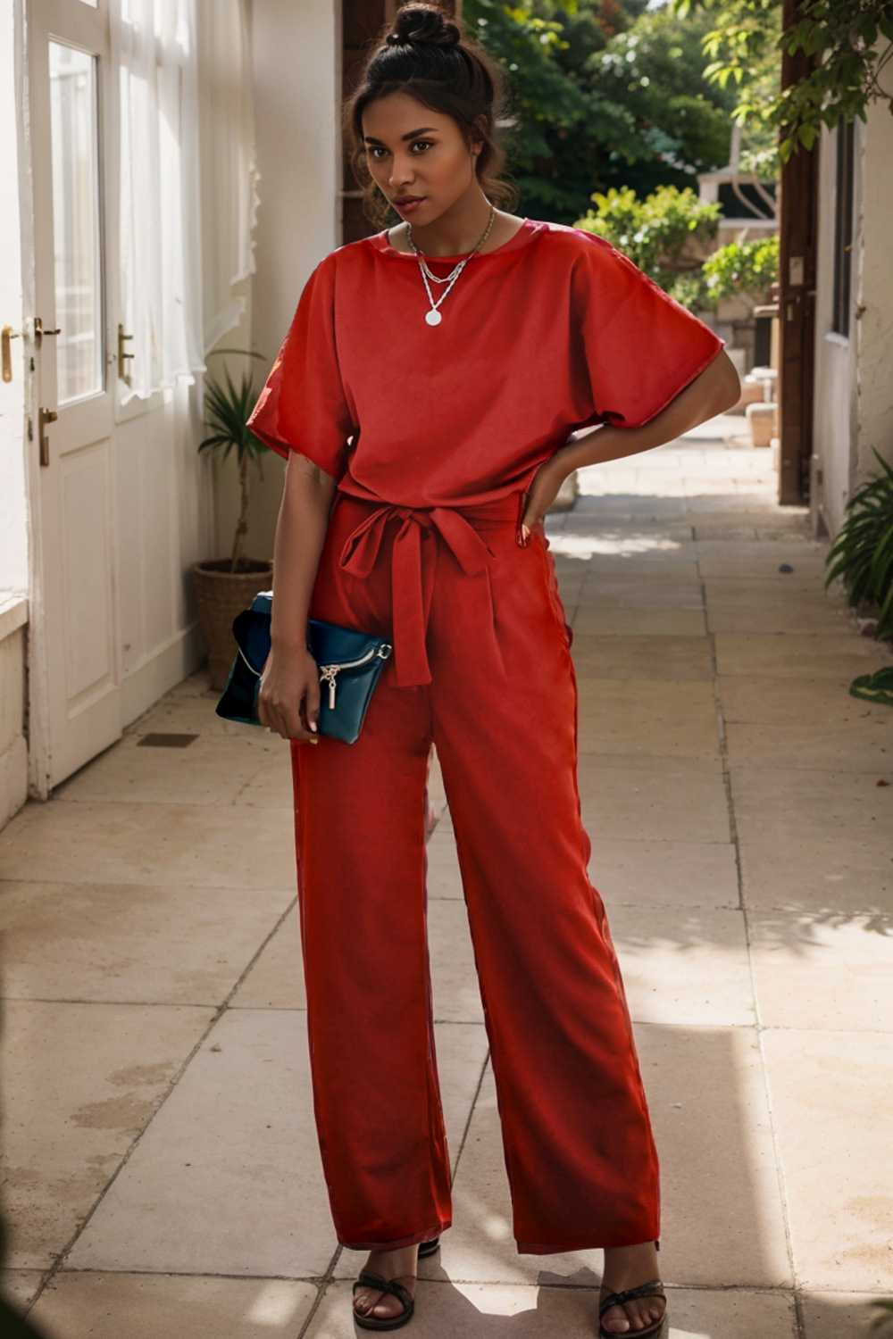 solid five point sleeve belted wide leg jumpsuit 105665