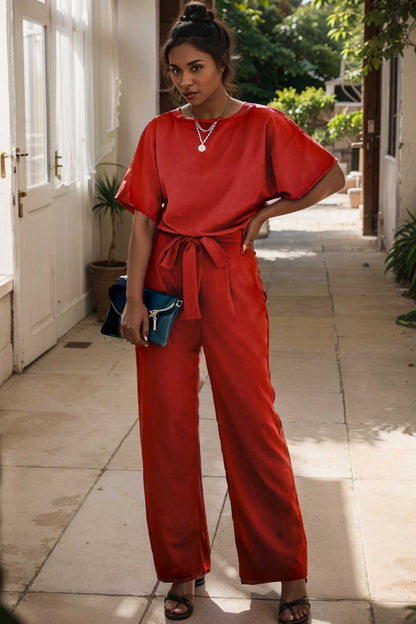 solid five point sleeve belted wide leg jumpsuit 105665