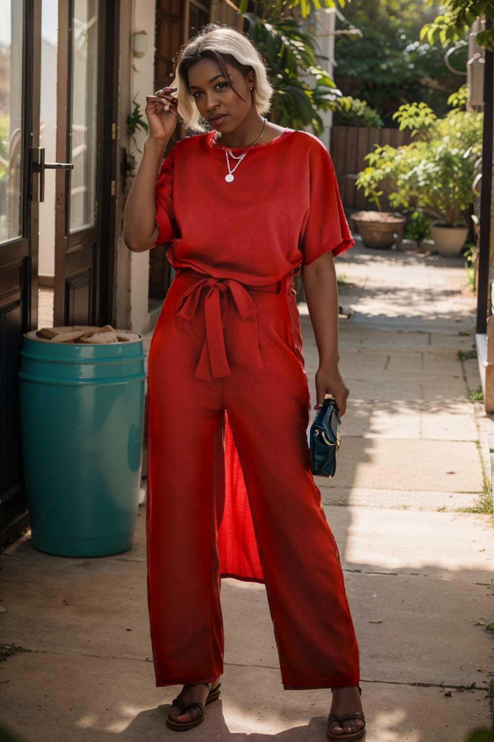 solid five point sleeve belted wide leg jumpsuit 105664