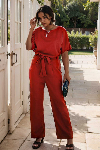 solid five point sleeve belted wide leg jumpsuit 110639