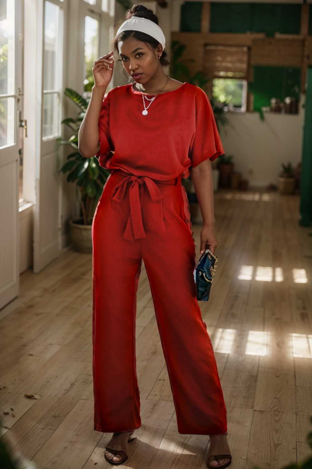 solid five point sleeve belted wide leg jumpsuit 105663