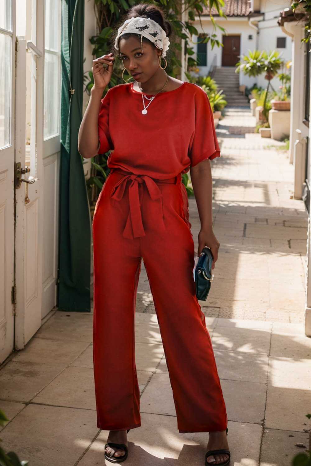 solid five point sleeve belted wide leg jumpsuit 105662