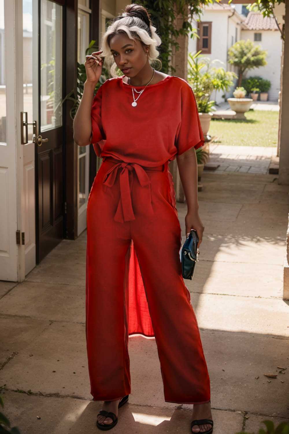 solid five point sleeve belted wide leg jumpsuit 105661