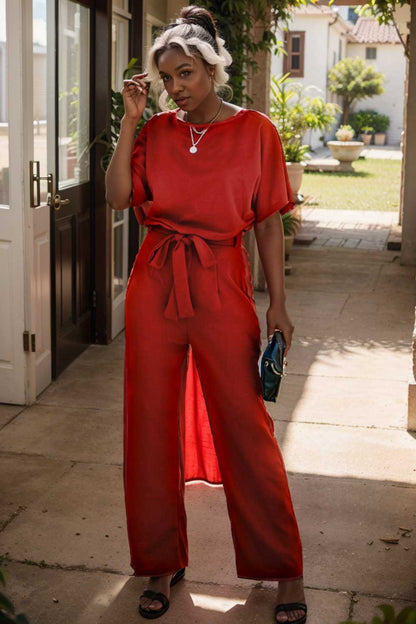 solid five point sleeve belted wide leg jumpsuit 105661