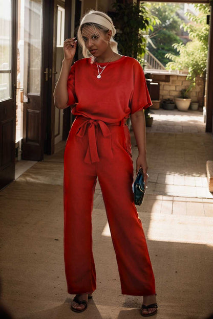solid five point sleeve belted wide leg jumpsuit 105659