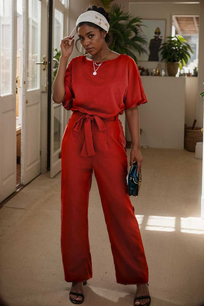 solid five point sleeve belted wide leg jumpsuit 110633