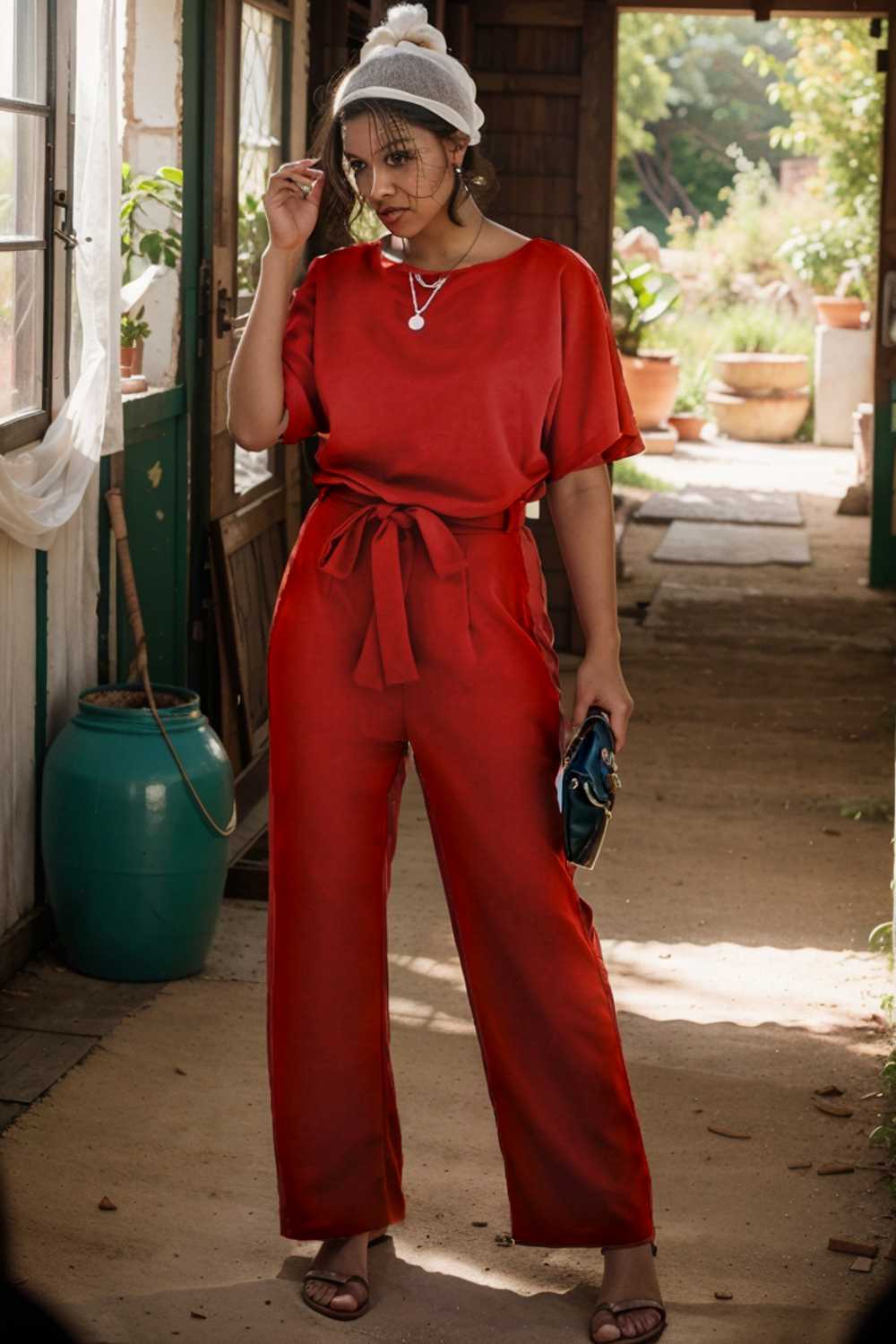 solid five point sleeve belted wide leg jumpsuit 105658