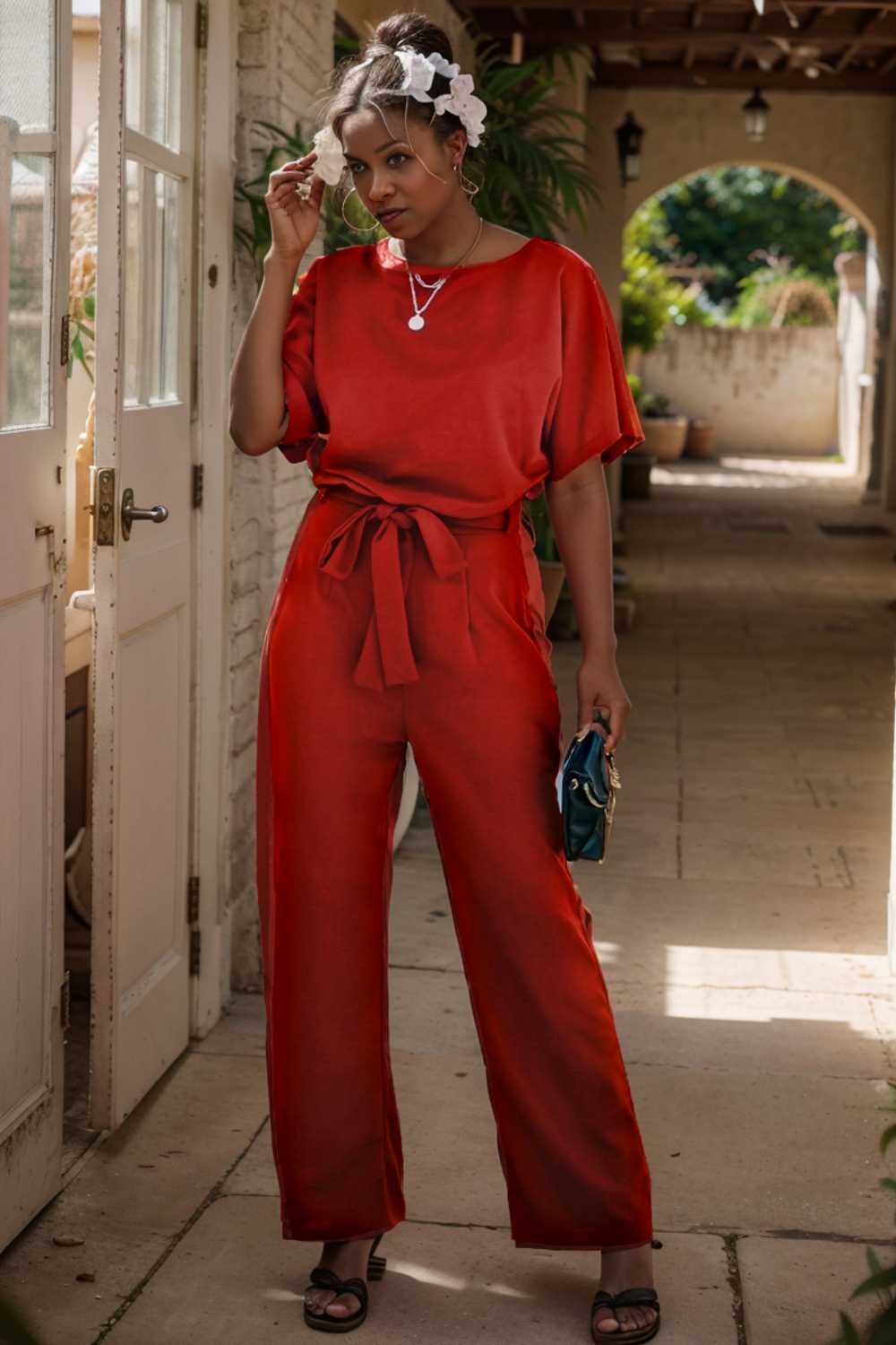 solid five point sleeve belted wide leg jumpsuit 105657