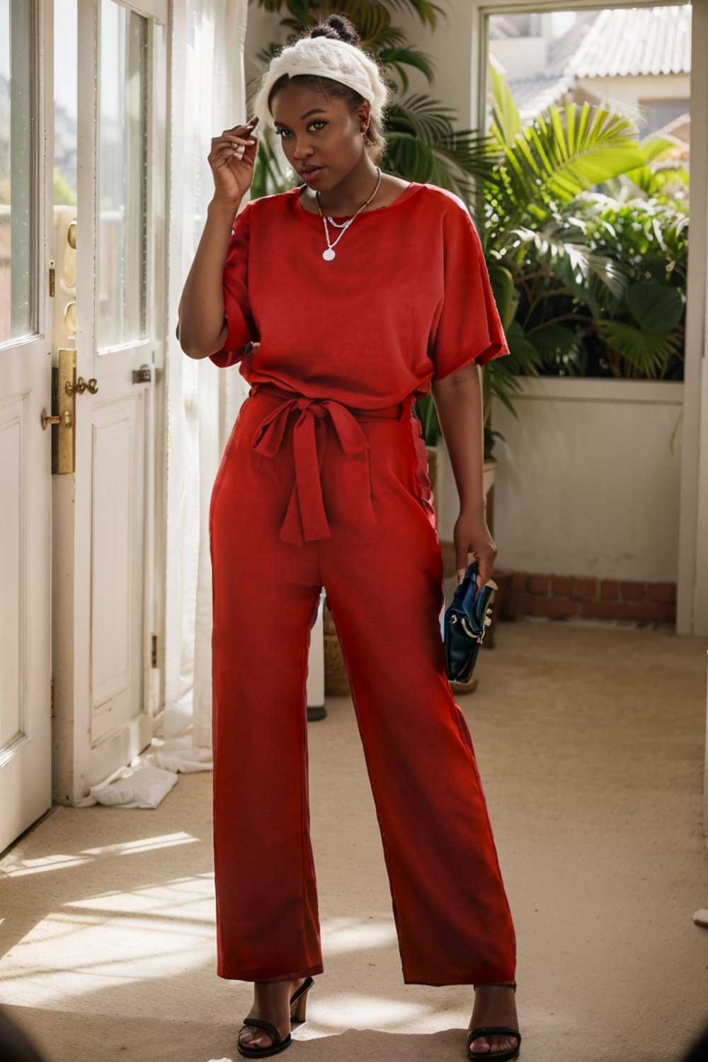 solid five point sleeve belted wide leg jumpsuit 105656