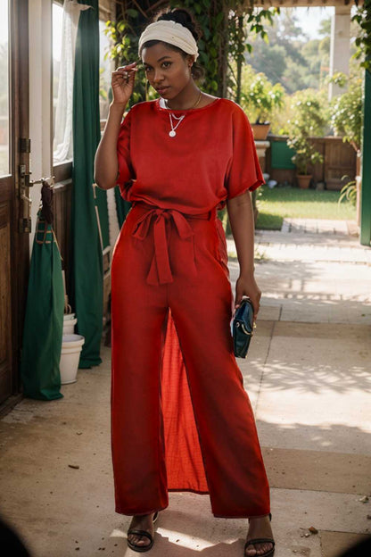 solid five point sleeve belted wide leg jumpsuit 105655