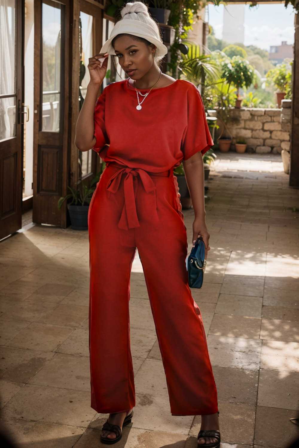 solid five point sleeve belted wide leg jumpsuit 105654