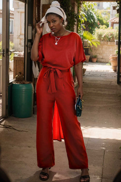 solid five point sleeve belted wide leg jumpsuit 105653