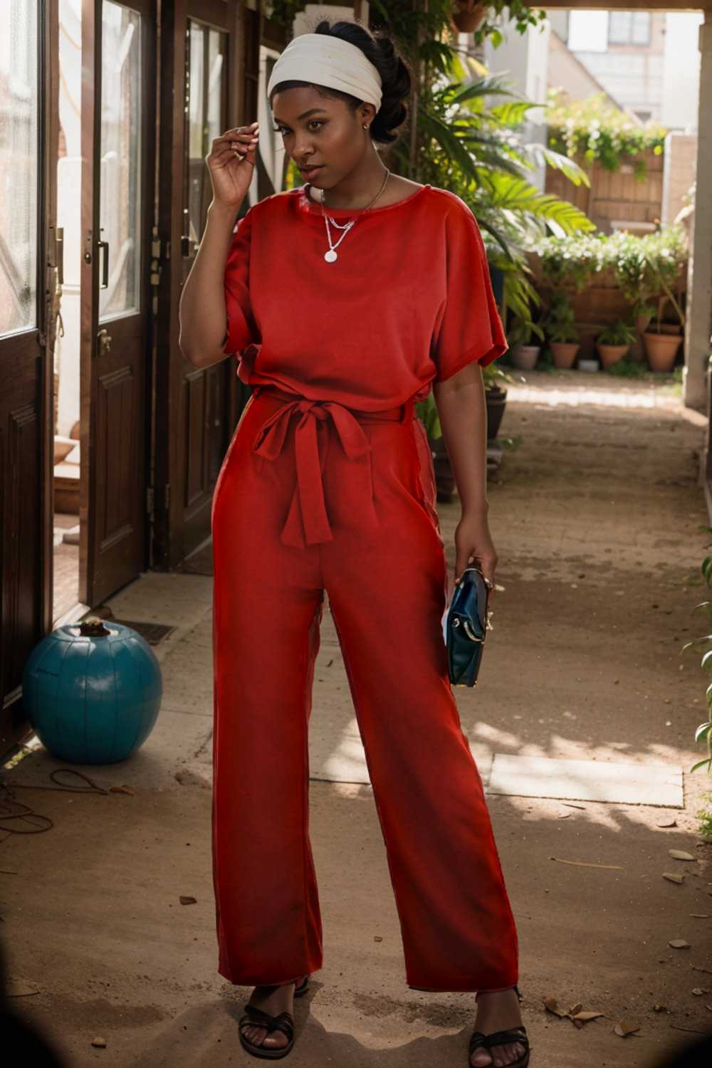 solid five point sleeve belted wide leg jumpsuit 105652
