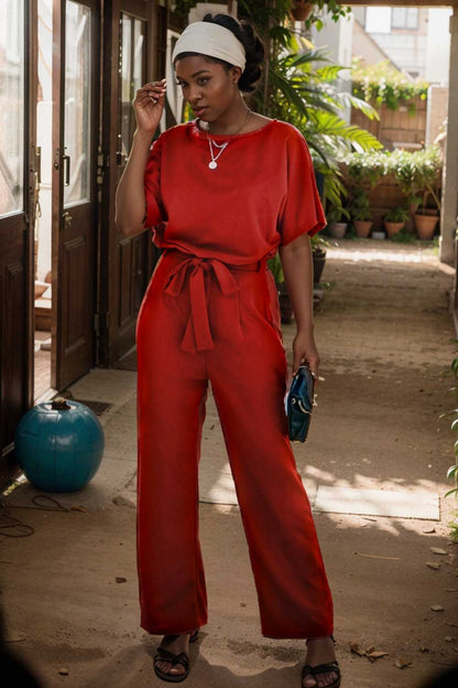 solid five point sleeve belted wide leg jumpsuit 105652