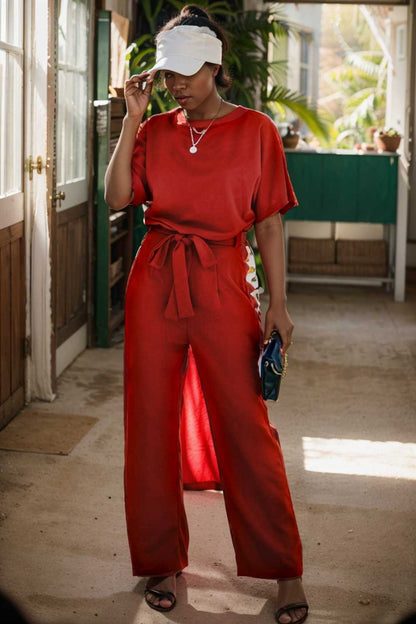 solid five point sleeve belted wide leg jumpsuit 105650