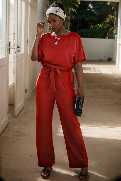 solid five point sleeve belted wide leg jumpsuit 105649