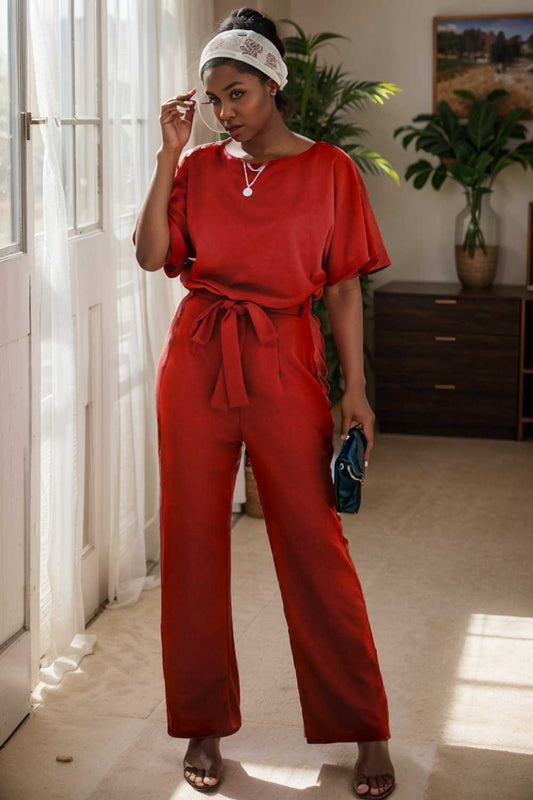 solid five point sleeve belted wide leg jumpsuit 105648