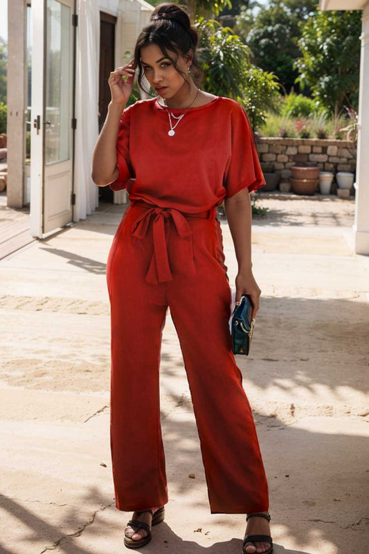 solid five point sleeve belted wide leg jumpsuit 148952