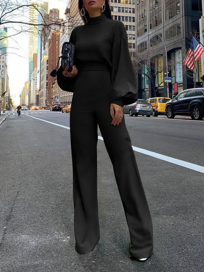 Jumpsuits - Solid High-necked Long-sleeved Casual Jumpsuit - MsDressly