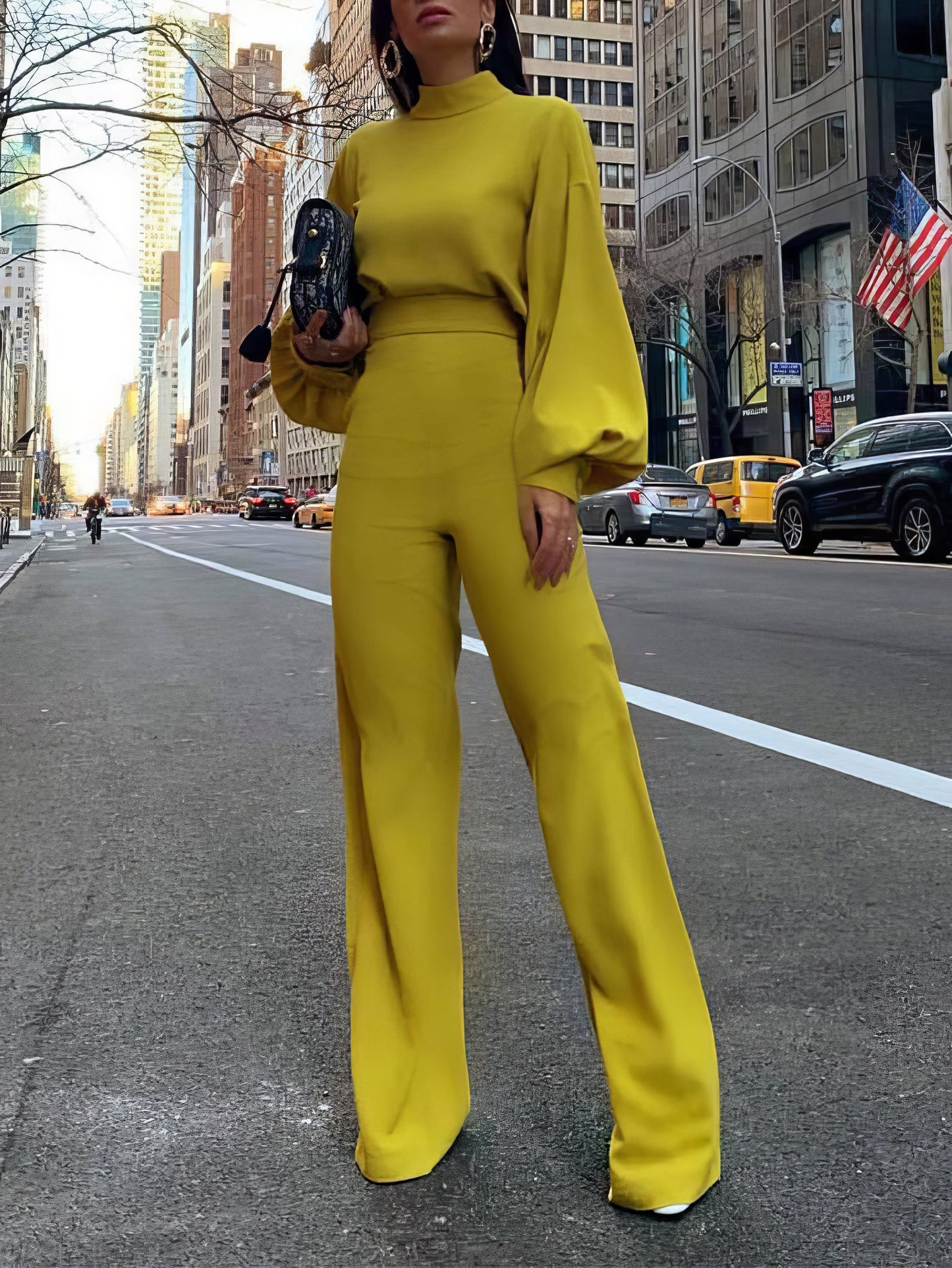 Solid High-necked Long-sleeved Casual Jumpsuit