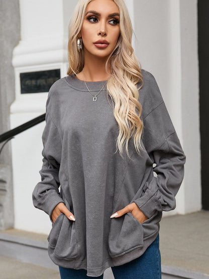 Solid Knit Off-Shoulder Sweater with Bishop Sleeves