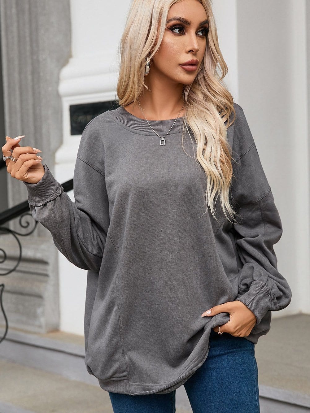 Solid Knit Off-Shoulder Sweater with Bishop Sleeves