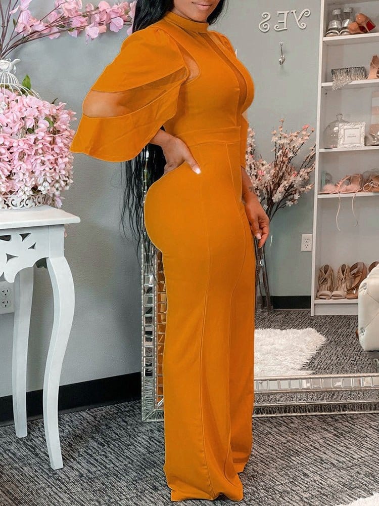 Solid Mesh Panel Irregular Sleeve Jumpsuit