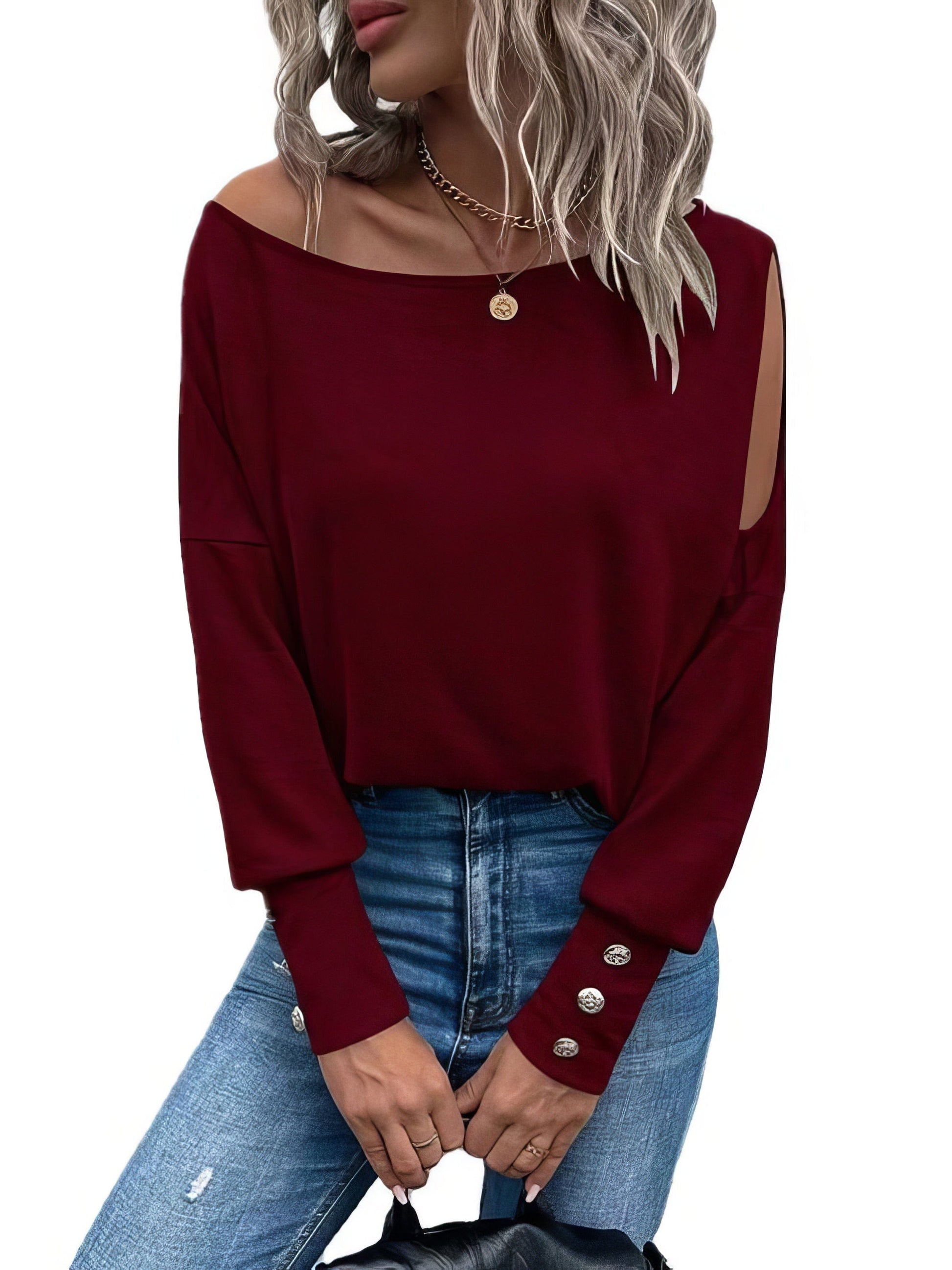 Solid Off Shoulder Long Sleeves Buttoned Cuff T-Shirt