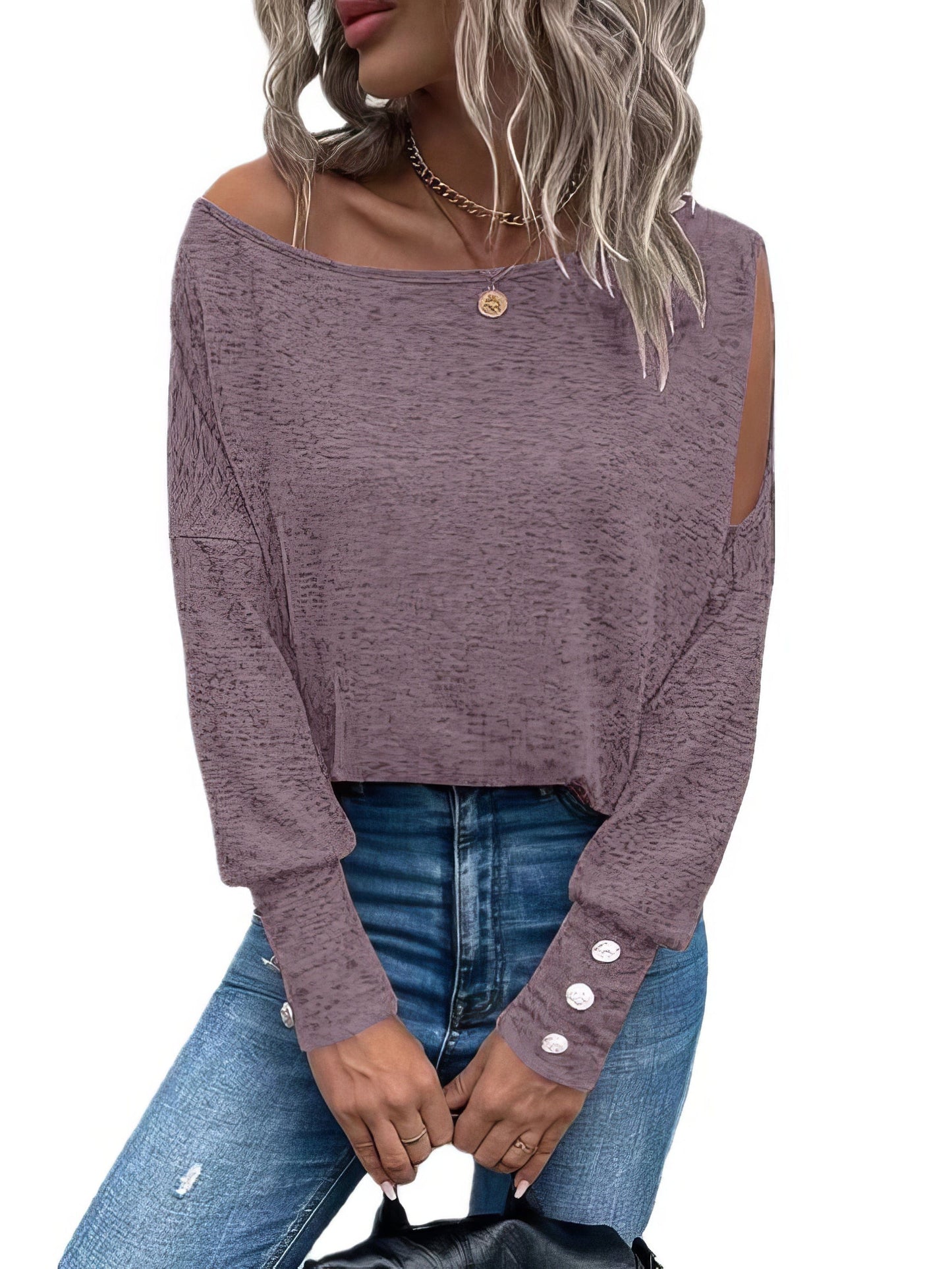 Solid Off Shoulder Long Sleeves Buttoned Cuff T-Shirt