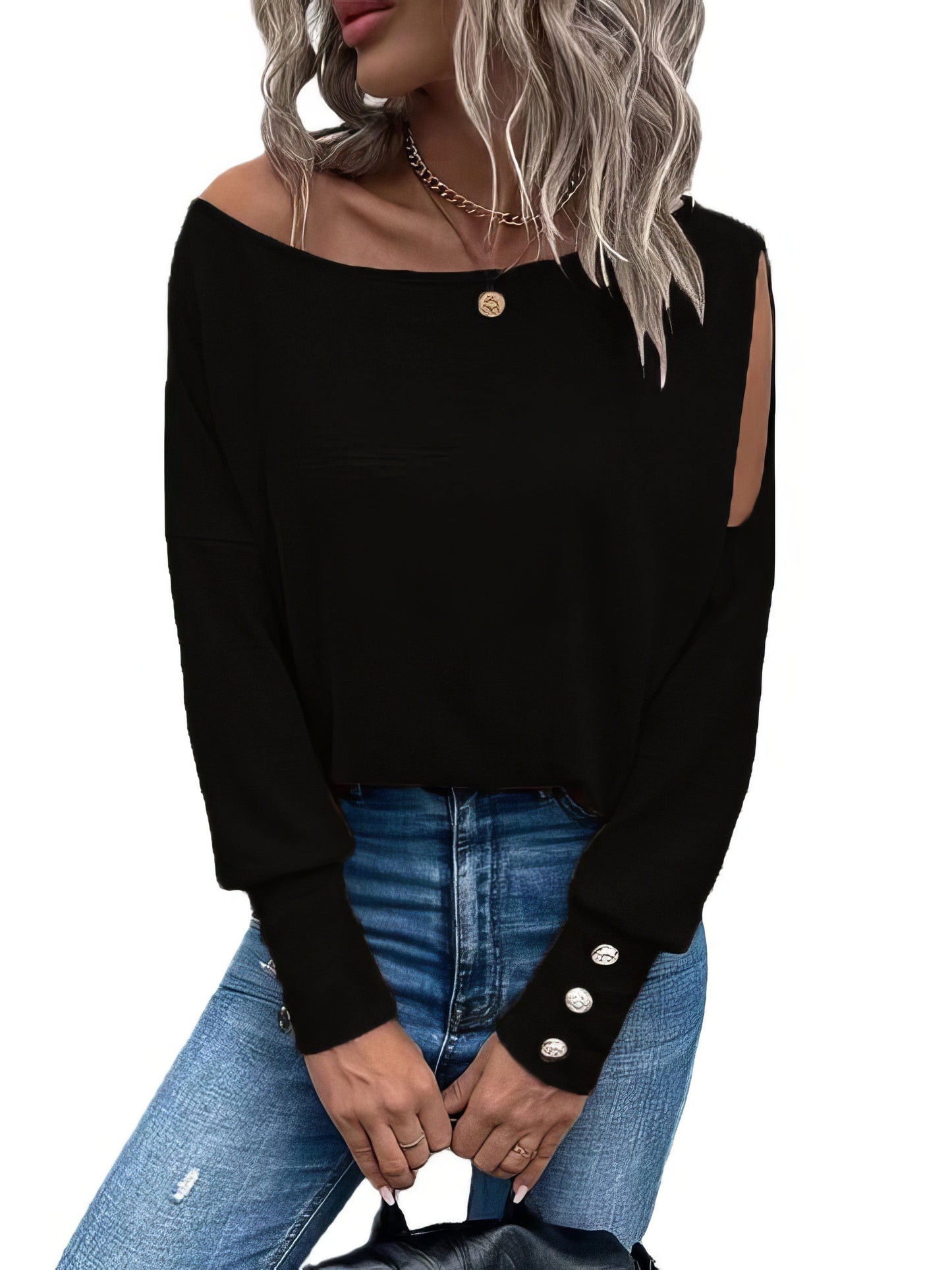 Solid Off Shoulder Long Sleeves Buttoned Cuff T-Shirt