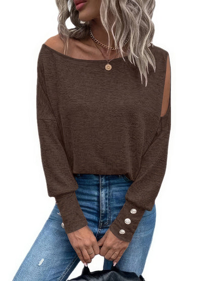 Solid Off Shoulder Long Sleeves Buttoned Cuff T-Shirt