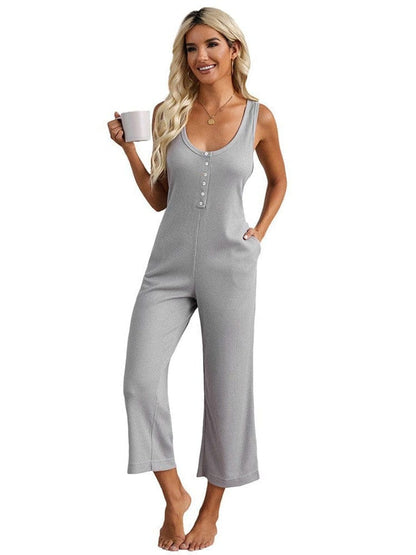 Solid Pocket Wide Leg Casual Jumpsuit