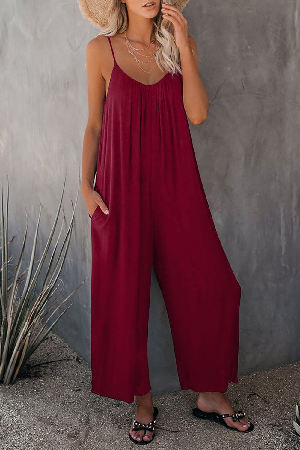 Solid Pocket Wide Leg Casual Jumpsuit