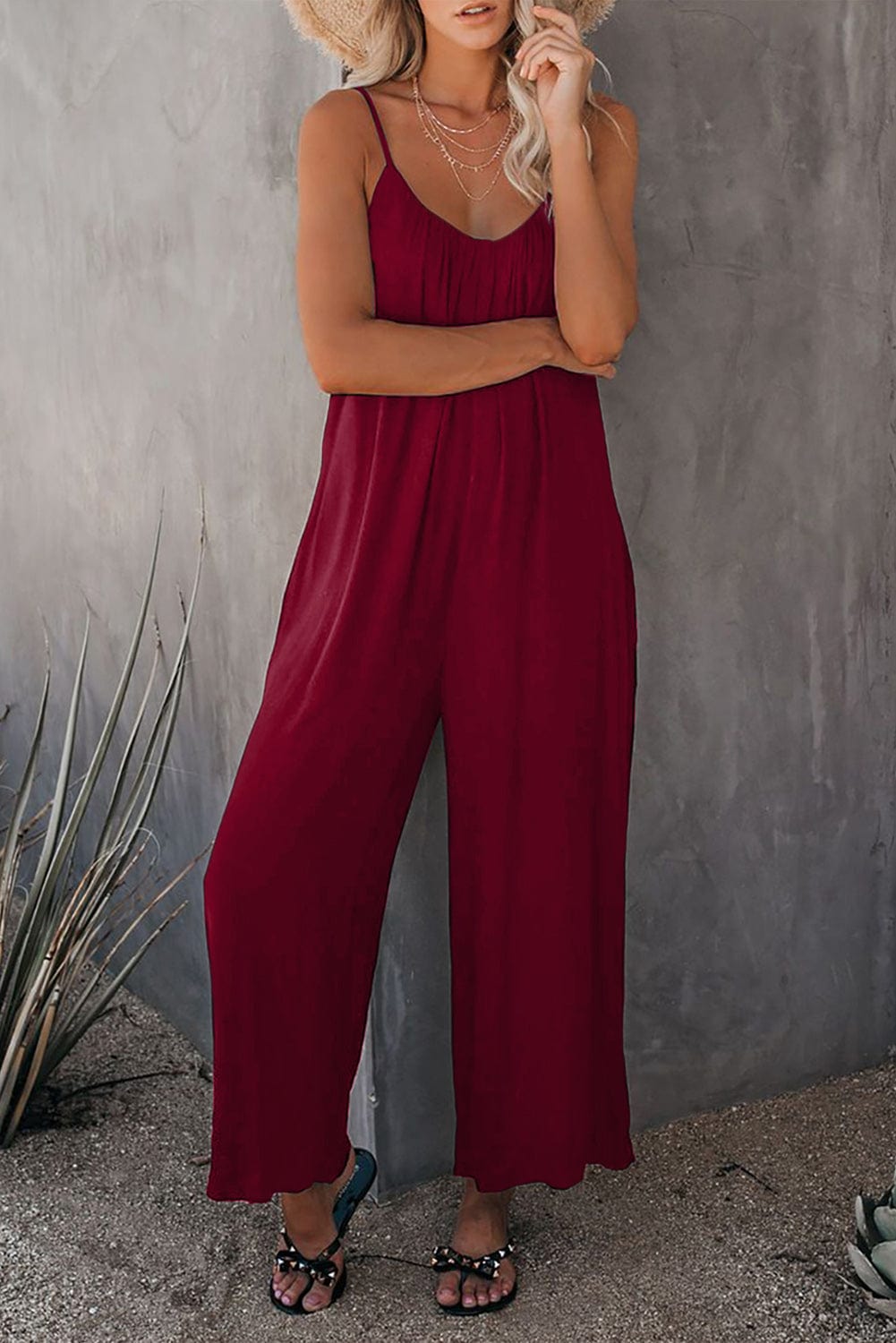 Solid Pocket Wide Leg Casual Jumpsuit