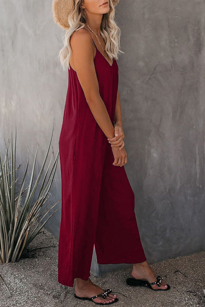 Solid Pocket Wide Leg Casual Jumpsuit