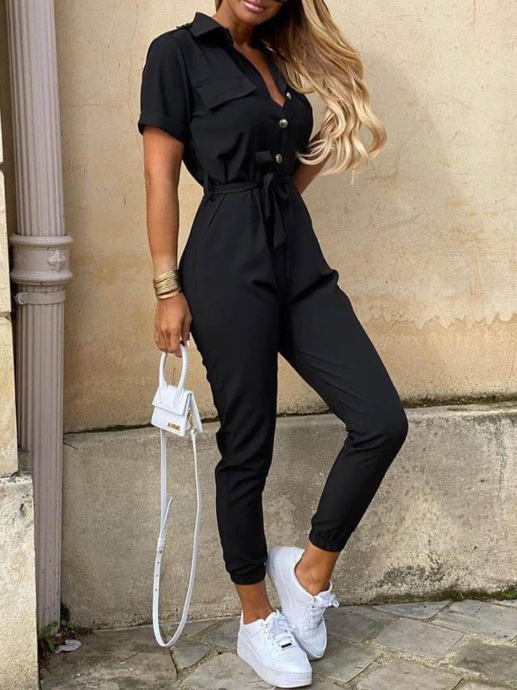 Solid Short Sleeve Buttoned Jumpsuit