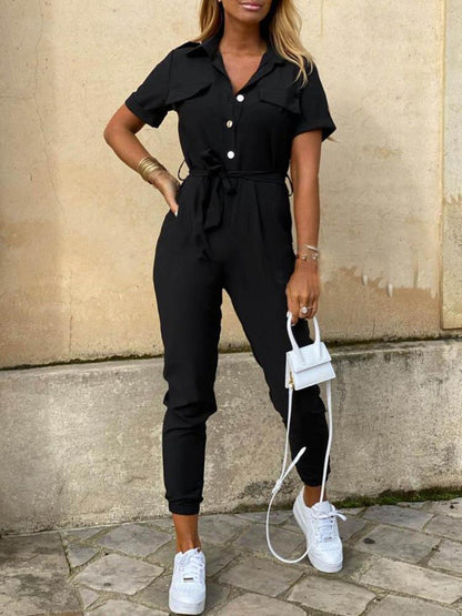 Solid Short Sleeve Buttoned Jumpsuit