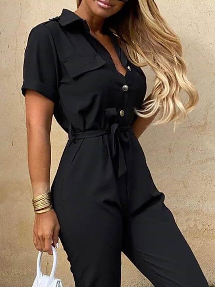 Solid Short Sleeve Buttoned Jumpsuit