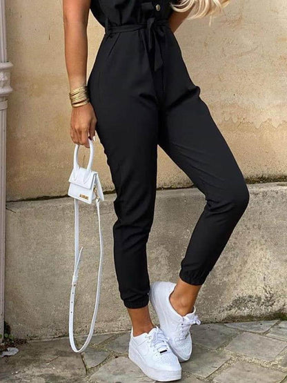 Solid Short Sleeve Buttoned Jumpsuit