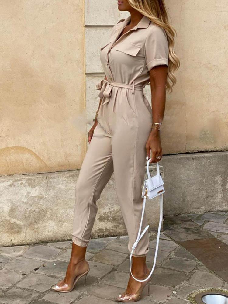 Solid Short Sleeve Buttoned Jumpsuit