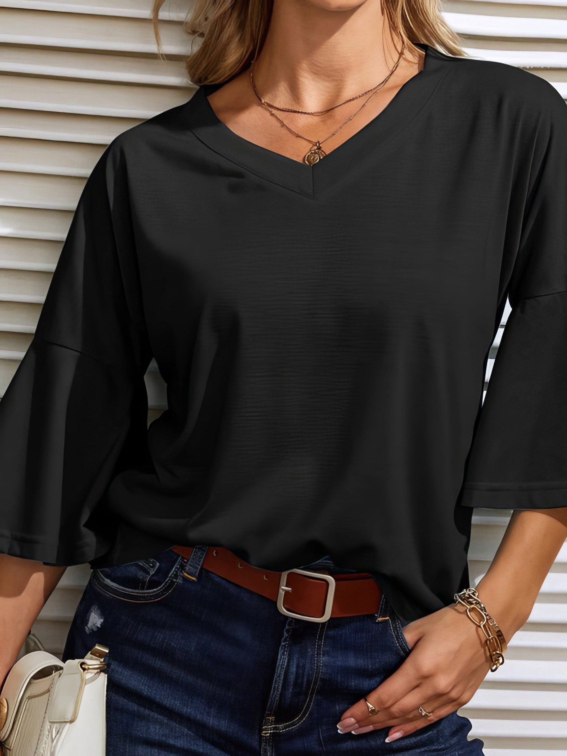 Solid V Neck Bell Sleeve Loose Casual T-Shirt