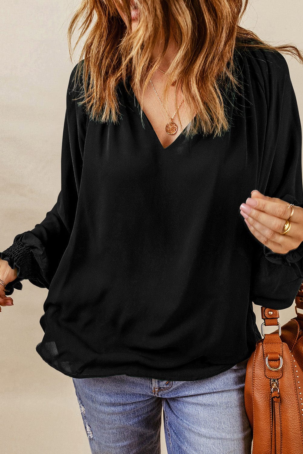 Solid V Neck Bell Sleeve Loose Casual T-Shirt