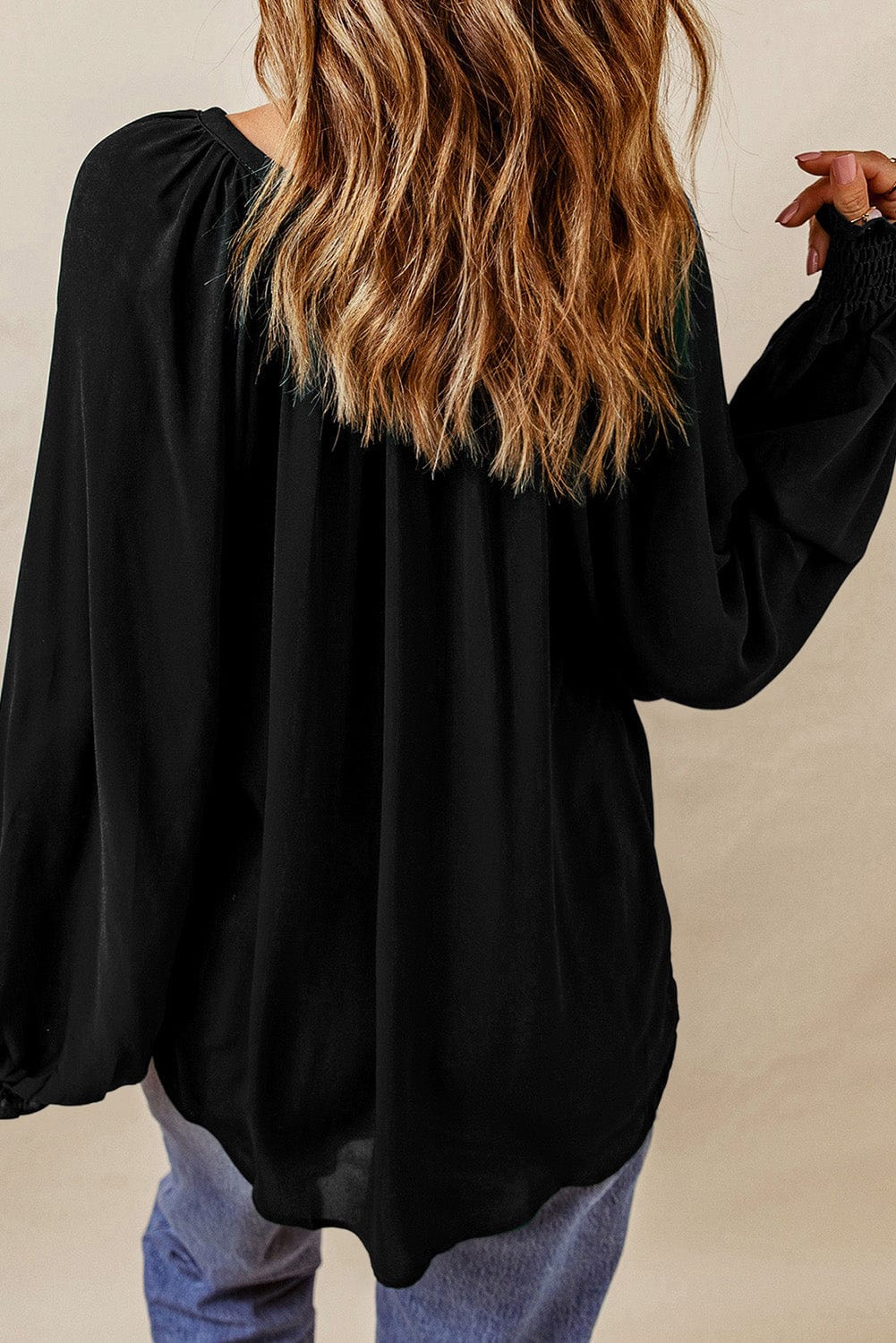 Solid V Neck Bell Sleeve Loose Casual T-Shirt