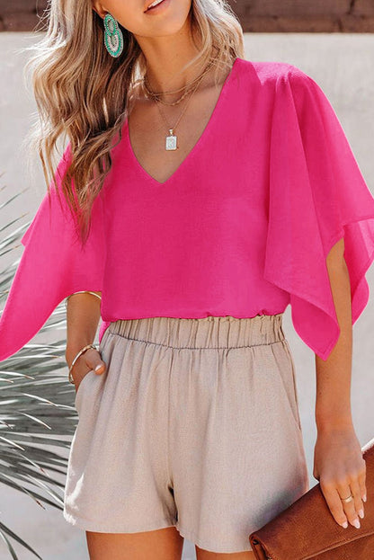 Solid V Neck Bell Sleeve Loose Casual T-Shirt