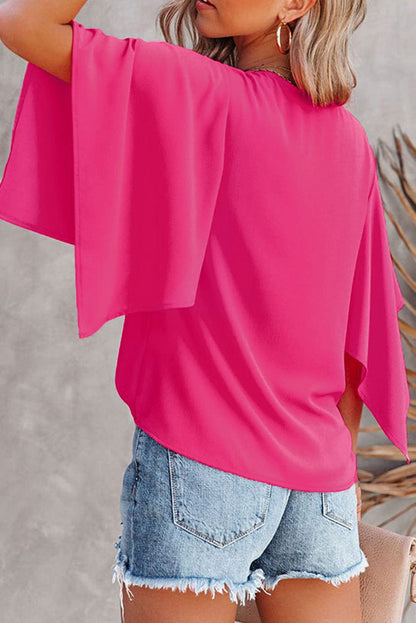 Solid V Neck Bell Sleeve Loose Casual T-Shirt